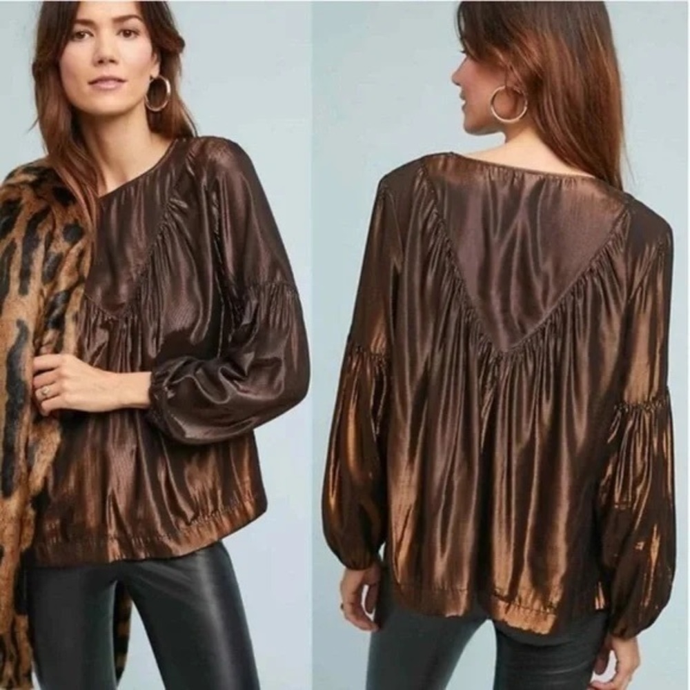 Anthropologie Amadi Brown Merry Metallic Long Sleeve Blouse Sz. S